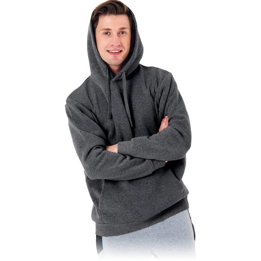 pilkos spalvos vyriškas džemperis su gaubtuvu.