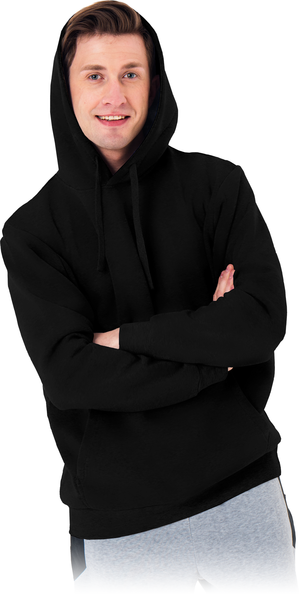 juodos spalvos vyriškas džemperis su gaubtuvu.