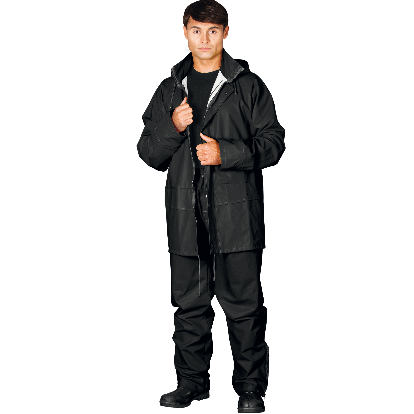 Juodos spalvos lietaus kostiumas. Lietaus kelnės ir striukė apsaugai nuo vandens