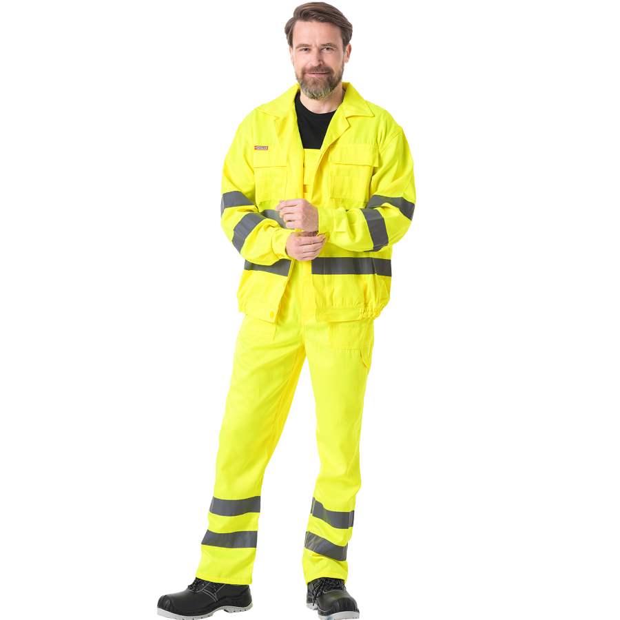 Signalinis darbo kostiumas. Vyriškas modelis, tinka statybininkams, vairuotojams bei kelininkams. Su šviesą atspindinčiomis juostomis