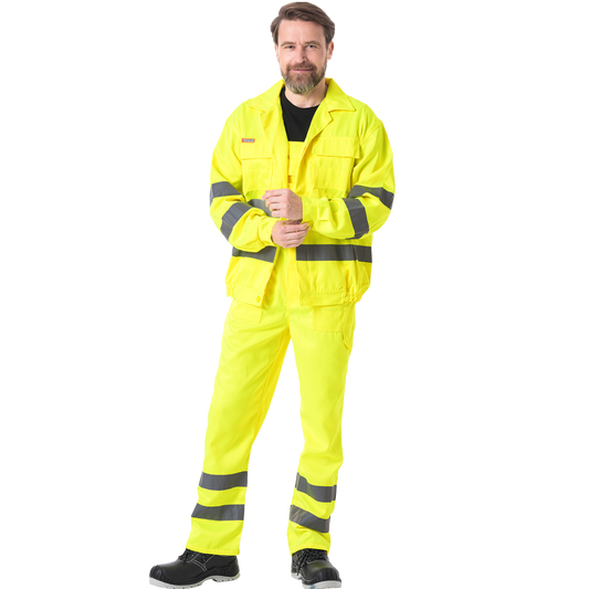 Signalinis darbo kostiumas. Vyriškas modelis, tinka statybininkams, vairuotojams bei kelininkams. Su šviesą atspindinčiomis juostomis